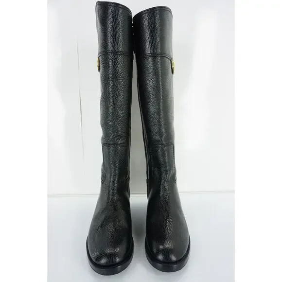 Tory Burch Joanna Black Leather Gold Logo Riding Boots Size 5.5 Heels NIB $495